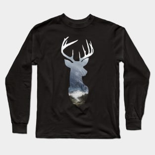 Deer Silhouette in Misty Scotland Forest Wild River Scene Long Sleeve T-Shirt